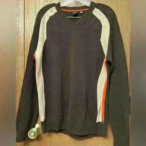 Esprit Men's Vintage Brown V-Neck Sweater With Tan/Orange Stripes On Side - L